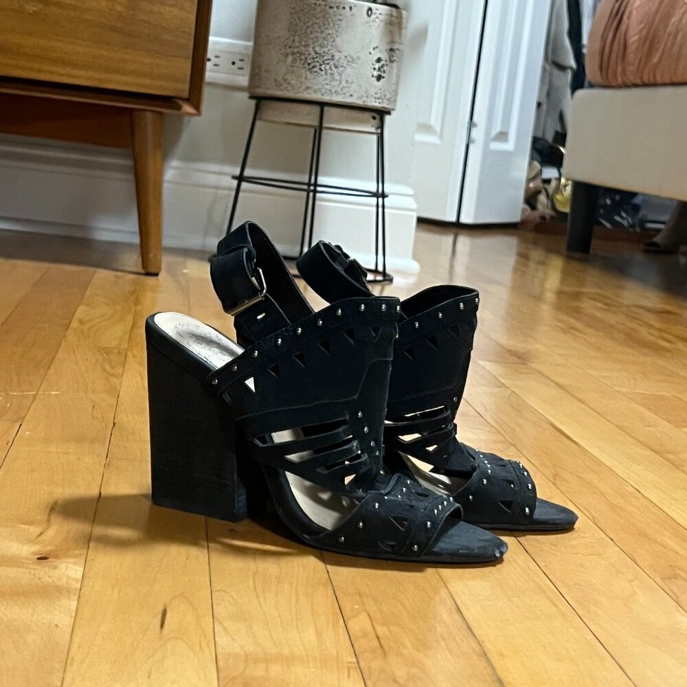 Vince Camuto Reston Sandals Black Leather Block Heel (Size 6.5)